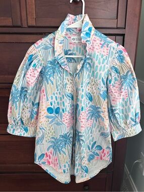 Holly Shae Pelican palm ruffle collar buttondown puff sleeve top sz XS/S